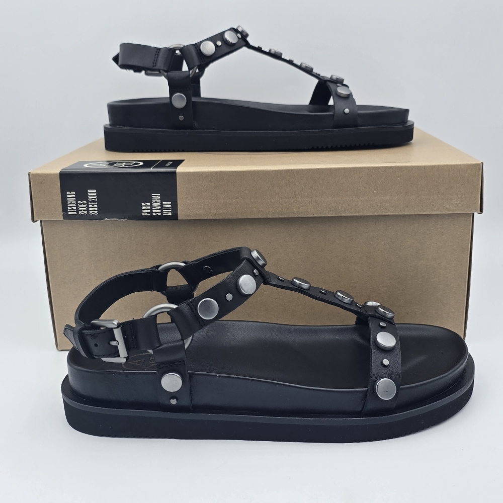 NIB ASH UGO Studded T-Strap Footbed Sandals, Black, EU 37M/U.S. 6.5-7